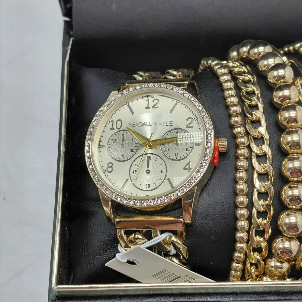 Kendall + Kylie Womens Gold Tone Watch Bracelet Set Crystal Bezel Gift Jewelry